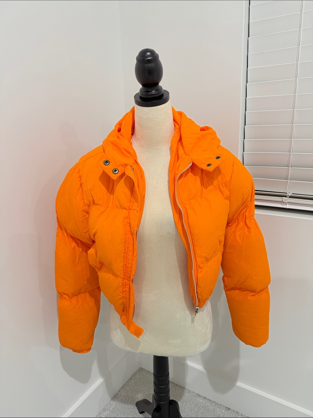 Women's Bright Orange Cropped Puffer Jacket with Hood